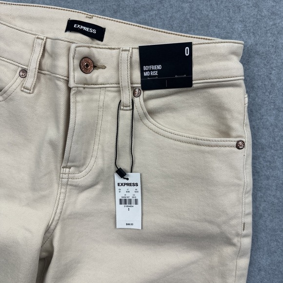 Express NWT Women's Mid Rise Boyfriend Cream Color Jeans‎ Size 0 - Picture 7 of 9
